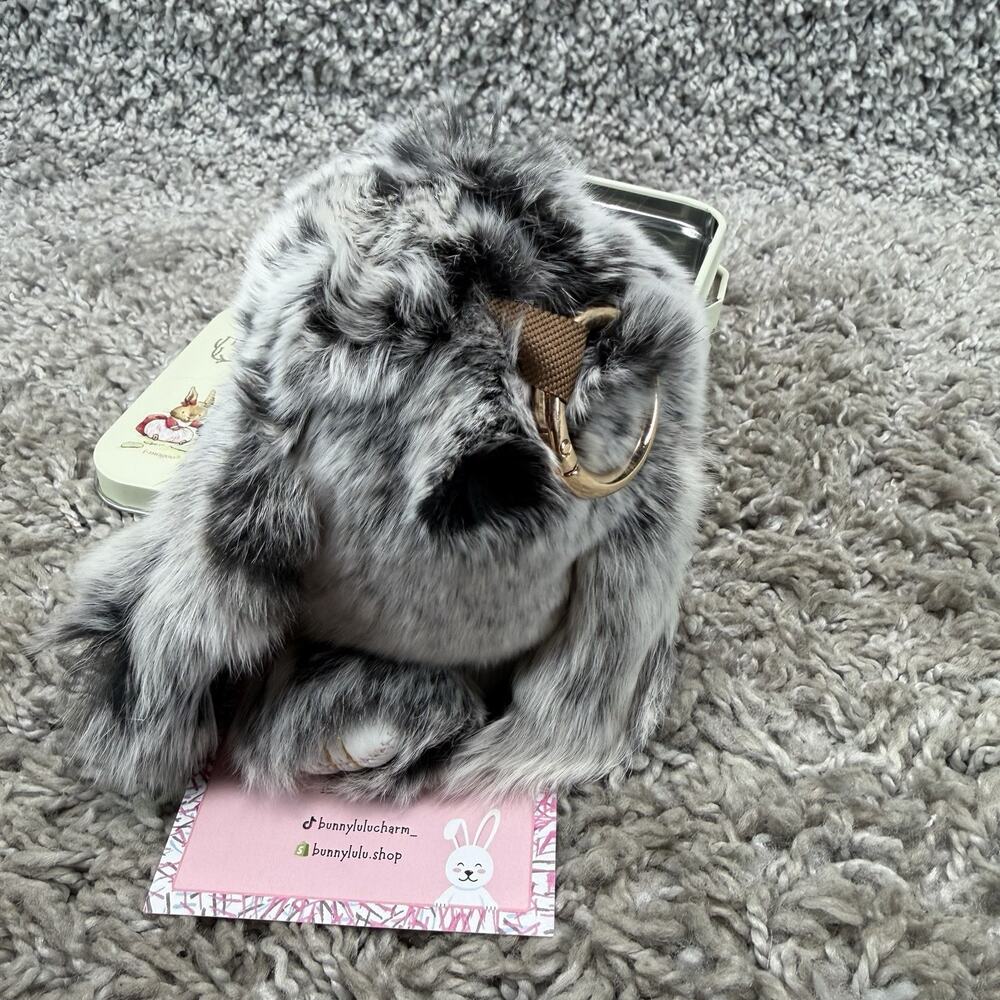 Bunny Lulu Keychain With Tin Bunny Keychain Rabbit Fur Soft Gray Black Brand New